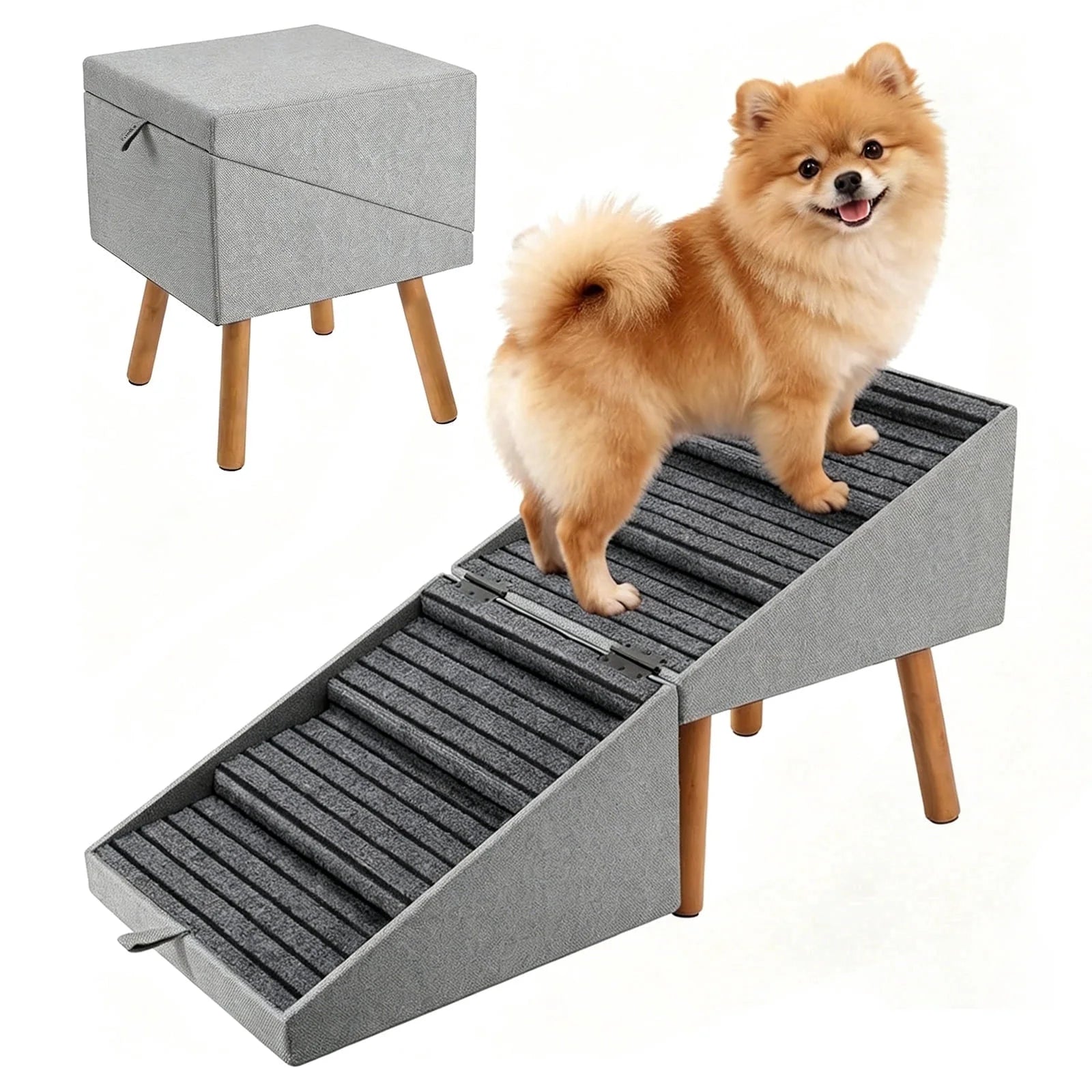 19.68" H 2-In-1 Foldable Wooden Dog Stairs & Ottoman for Couch/Bed, Non-Slip Pet Ramp/Steps with Joint Support for Small Medium Large Dogs Cats Puppy, Senior & Injured Pets, Space Saving Design