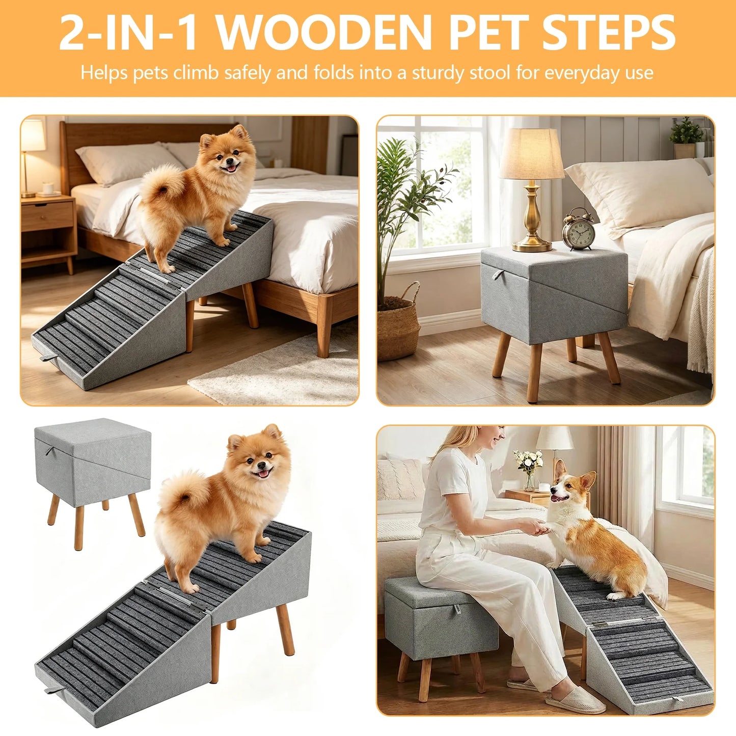 19.68" H 2-In-1 Foldable Wooden Dog Stairs & Ottoman for Couch/Bed, Non-Slip Pet Ramp/Steps with Joint Support for Small Medium Large Dogs Cats Puppy, Senior & Injured Pets, Space Saving Design