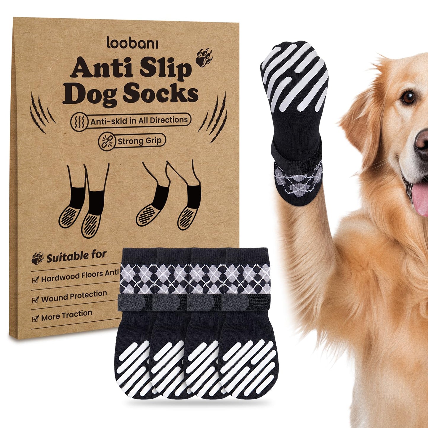 LOOBANI Dog Socks to Prevent Licking Paws - Anti-Slip Dog Paw Grip Protector for Hot/Cold Pavement Traction Control for Small Medium Large Senior Dogs on Hardwood Floors Black XL