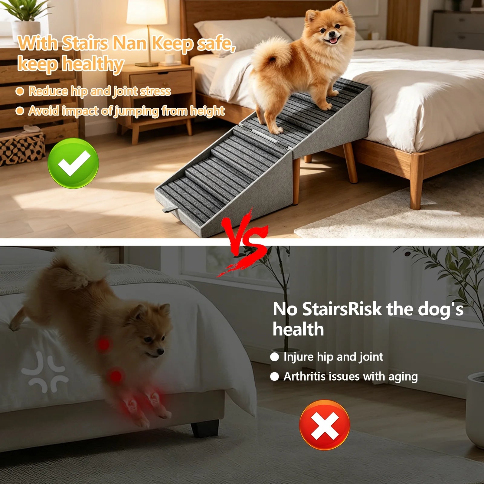 19.68" H 2-In-1 Foldable Wooden Dog Stairs & Ottoman for Couch/Bed, Non-Slip Pet Ramp/Steps with Joint Support for Small Medium Large Dogs Cats Puppy, Senior & Injured Pets, Space Saving Design