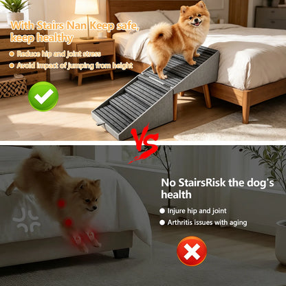 19.68" H 2-In-1 Foldable Wooden Dog Stairs & Ottoman for Couch/Bed, Non-Slip Pet Ramp/Steps with Joint Support for Small Medium Large Dogs Cats Puppy, Senior & Injured Pets, Space Saving Design
