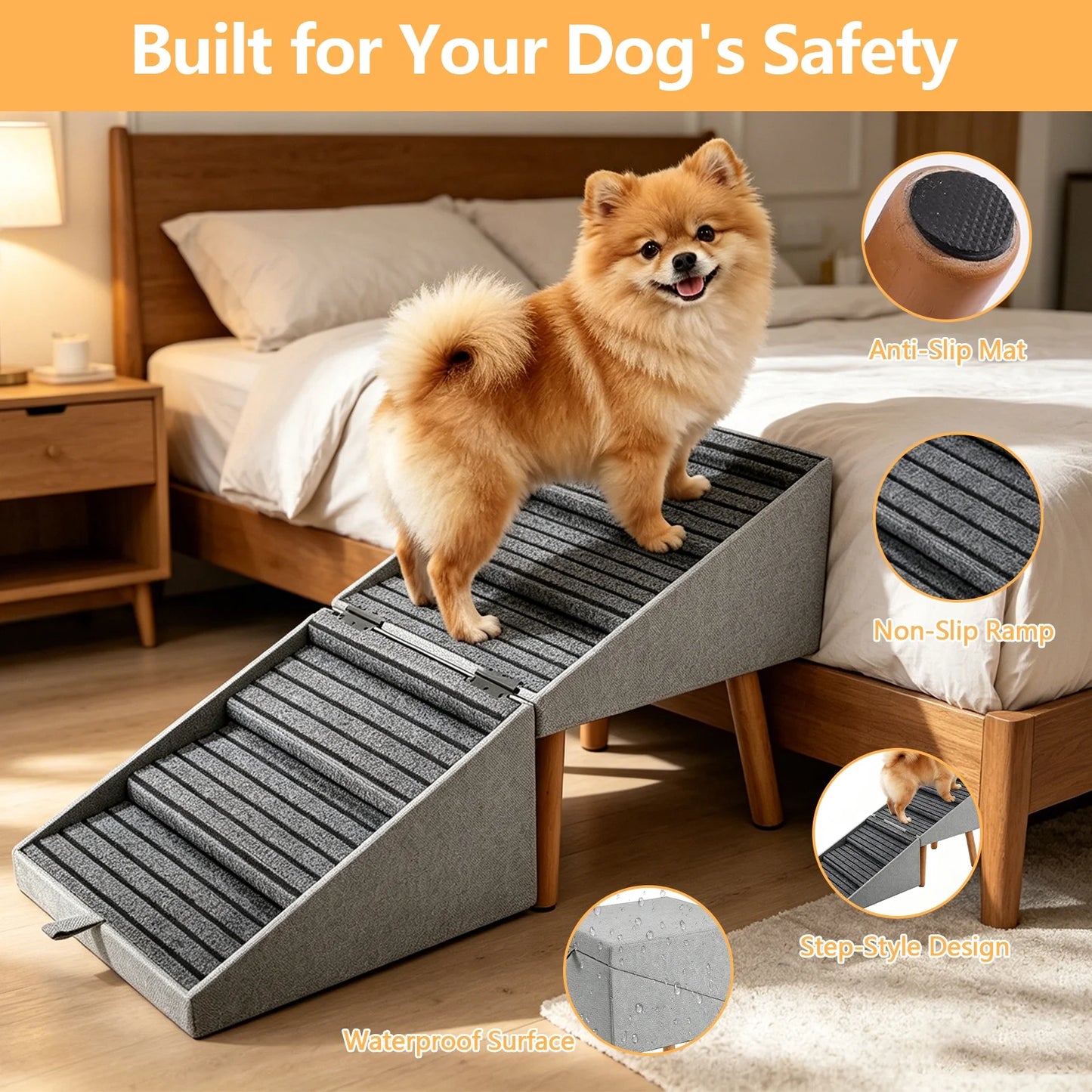 19.68" H 2-In-1 Foldable Wooden Dog Stairs & Ottoman for Couch/Bed, Non-Slip Pet Ramp/Steps with Joint Support for Small Medium Large Dogs Cats Puppy, Senior & Injured Pets, Space Saving Design